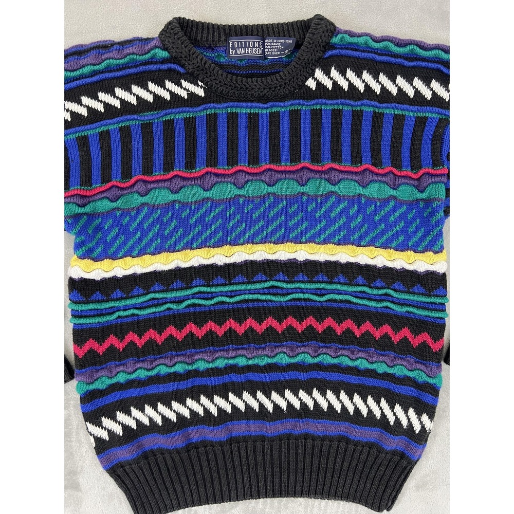 VINTAGE Editions by Van Heusen Sweater‎ Mens Small Black Multicolor Crewneck 90s - Picture 2 of 6